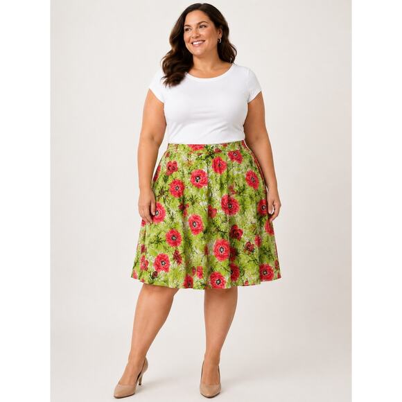 Talbots Dresses & Skirts - Talbots Poppy Butterfly Floral Green and Red Pleated Cotton Skirt 20 W Modest